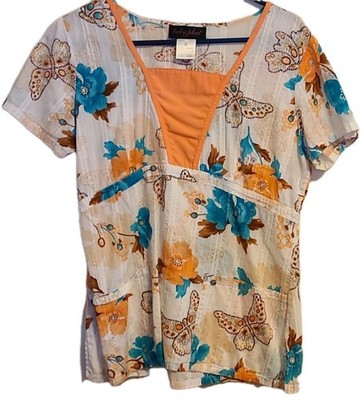 Baby Phat Women's Peach/Turquoise Floral/ Butterflies V-Neck  Nurse's Scrub Top