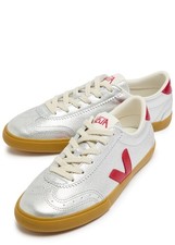 Image of VEJA Volley Leather Trainers – Silver / Red Sustainable Designer Sneakers