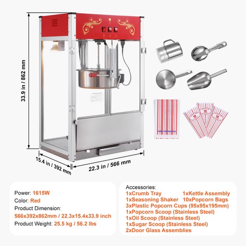 Popcorn Popper Machine Countertop Popcorn Maker 1615W 16 Oz Red - Picture 7 of 12
