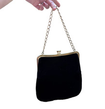 Vintage Black Velvet Kisslock Purse Evening Bag Chain Strap Clutch Formal