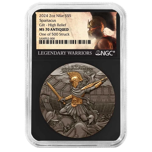 2024 Spartacus 2 oz High Relief Silver Antiqued & Gold Gilded NGC MS70 Le...