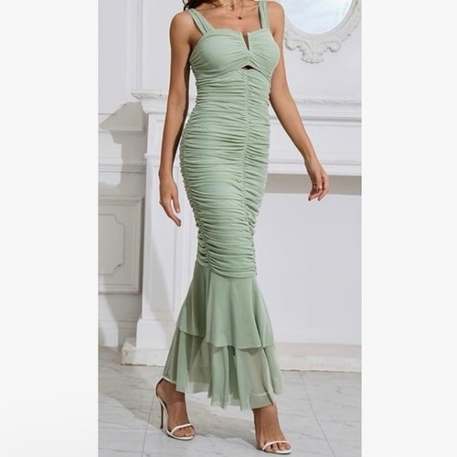 Green Tulle Ruched Mermaid Cocktail Dress - Picture 4 of 4
