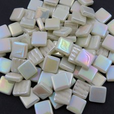 50 Tiles - 12 mm Iridescent Ivory Green Glass Square Mosaic Tile Pieces
