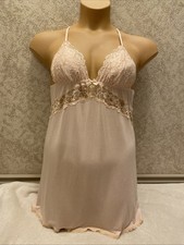 Victoria Secret Camisole Nightgown. Peach Floral Lace Trim Gold Dots Size Medium