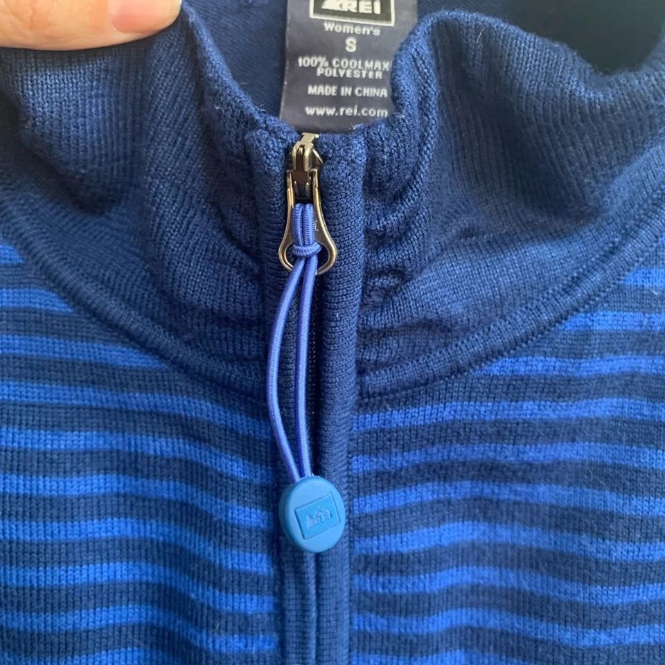REI CoolMax 全拉链毛衣女式 S 蓝色条纹露营远足户外模拟领 — 第 3/4 张图片