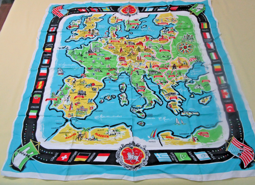 Vintage WW2 Souvenir Schal europäische Länder, Städte, Flaggen, Wahrzeichen 31 Zoll sq - Bild 1 von 21