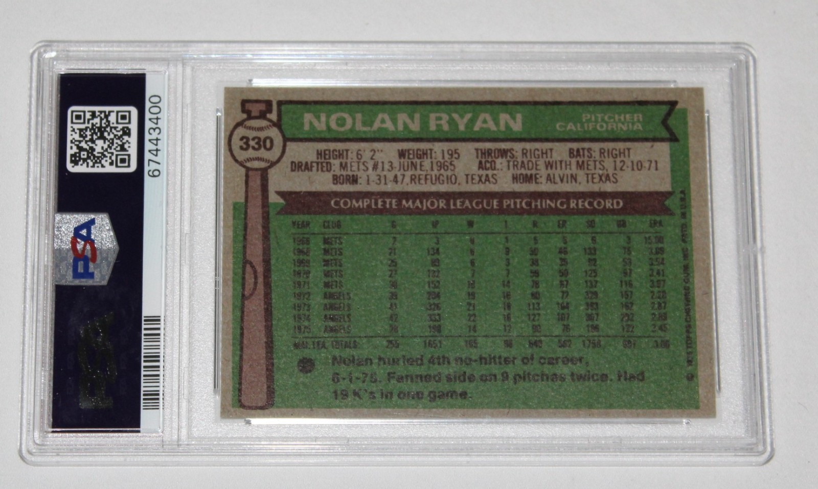1976 Topps Baseball Card #330 NOLAN RYAN California Angels Graded PSA 6 EX-MT view 2