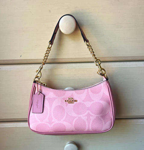 Coach Pink Logo Small Shoulder Bag Zip Pouch w/ Detachable Adjustable Strap