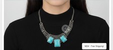 Boho turquoise color statement necklace bracelet set silver tone jewelry