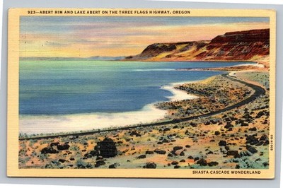 Vintage Linen Postcard Abert Rim & Lake Abert Three Flags Hwy Oregon
