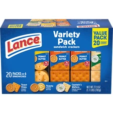 Lance sandwich crackers, variety pack, 3 Flavors, 20 Individually Wrapped Packs.