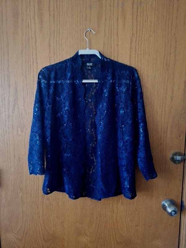women's SLNY top size 10 navy flora lace open front 3/4 sleeve polyester mix