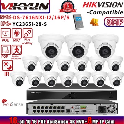 VIKYLIN 16CH 16POE DS-7616NXI-I2/16P/S NVR Kit 4K IR mini IP Camera Turret lot