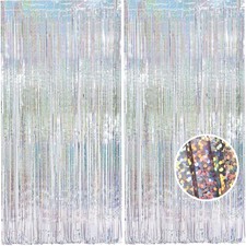2 Pack Silver Tinsel Backdrop Curtains Door Streamers Party Decoration