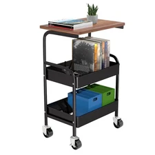 Rolling Cart with Wooden Tabletop, 3 Tier Metal Utility Cart, Rolling Storage...