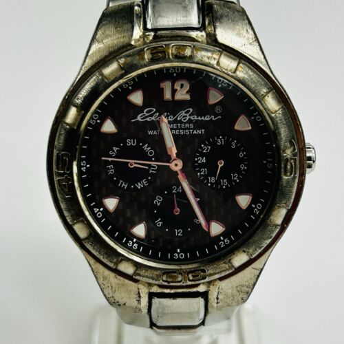 Eddie Bauer LG Carbon 3 Eye Watch Men 39mm Silver tone Day Date New Battery
