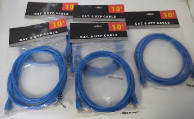 LOT OF 5 GOLD PLATE RJ45 MALE TO MALE CAT.6 UTP CABLE 568B - BLUE