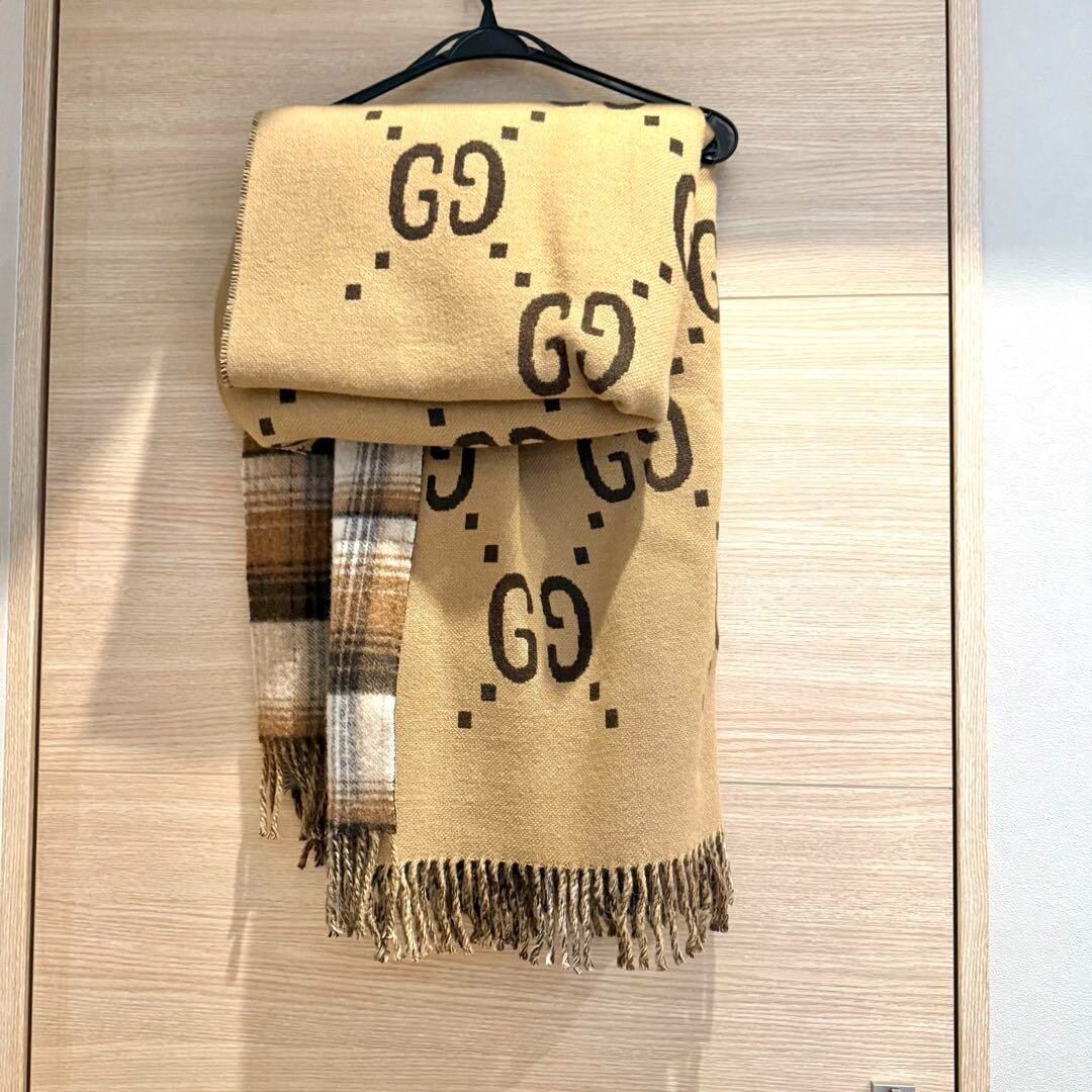 Gucci Wool Poncho Cape Reversible Check GG Logo Brown Beige