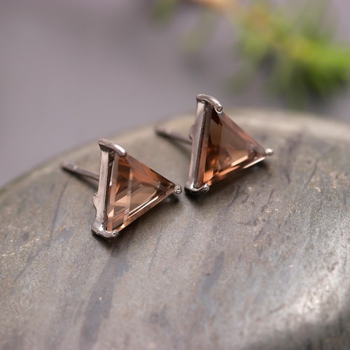 Smoky Quartz Triangle Studs Earrings Solid Silver Black Oxidized Boho Jewelry - Picture 4 of 10