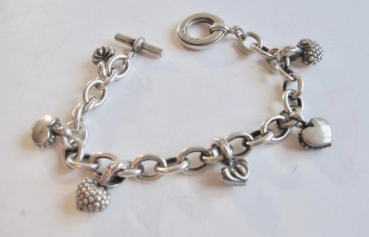 Vintage Lagos Caviar Heart Charm Bracelet Sterling Silver Toggle
