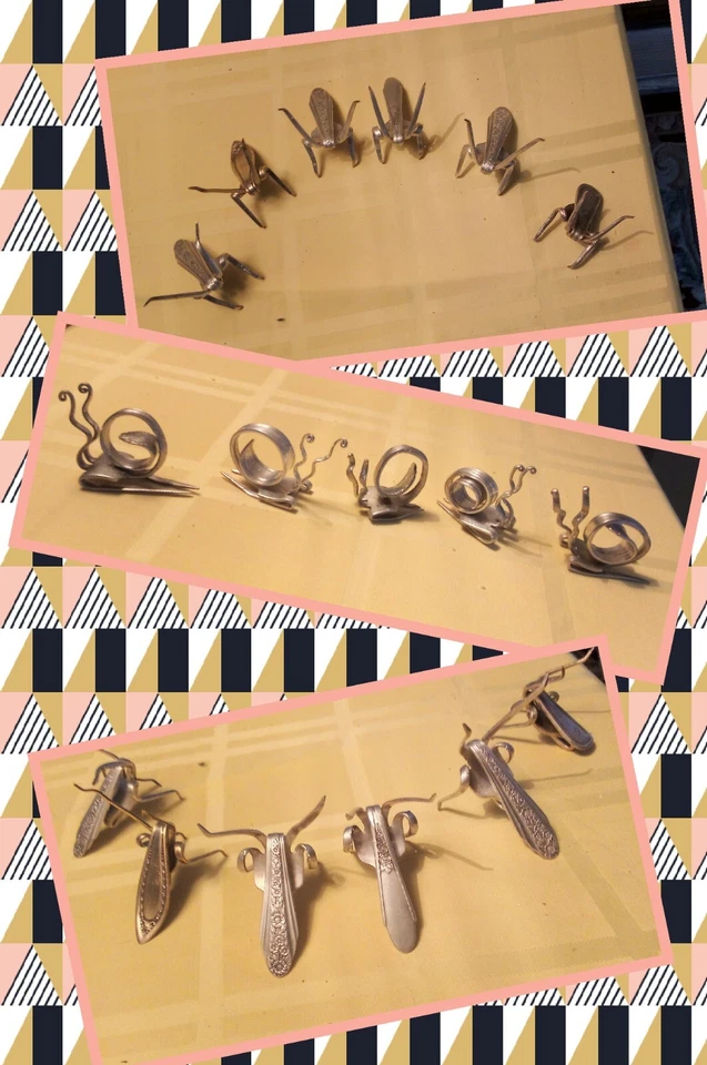 Grillos y caracoles de la suerte hechos a mano de tenedores plateados vintage  Foto 3 de 4