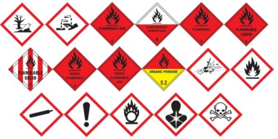 2er Pack | Gefahrenzeichen - brennbar | giftig | ätzend | GHS-Symbole | hergestellt in Großbritannien