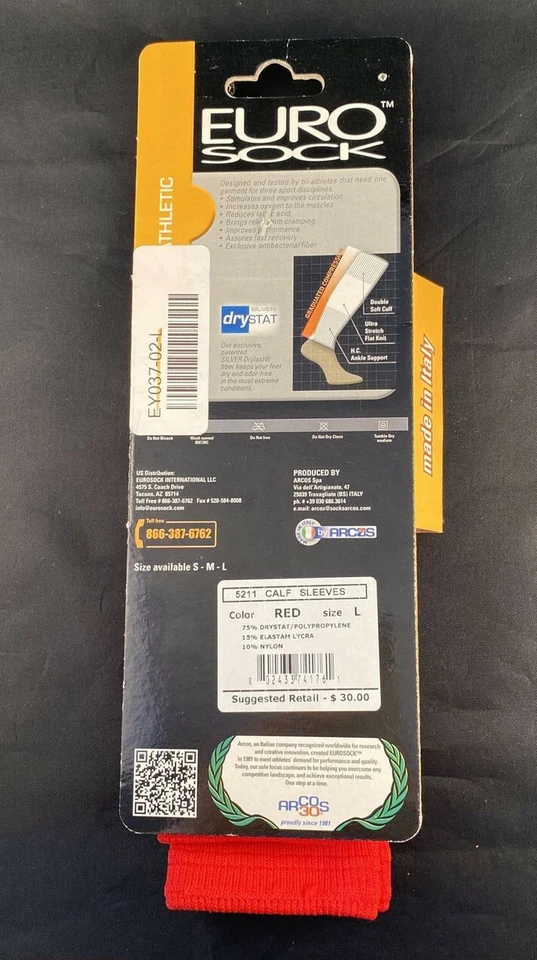 EUROSOCK Graduated Compression CALF SLEEVES Red 5211 NEW LARGE Silver DryStat - Image 4 of 4