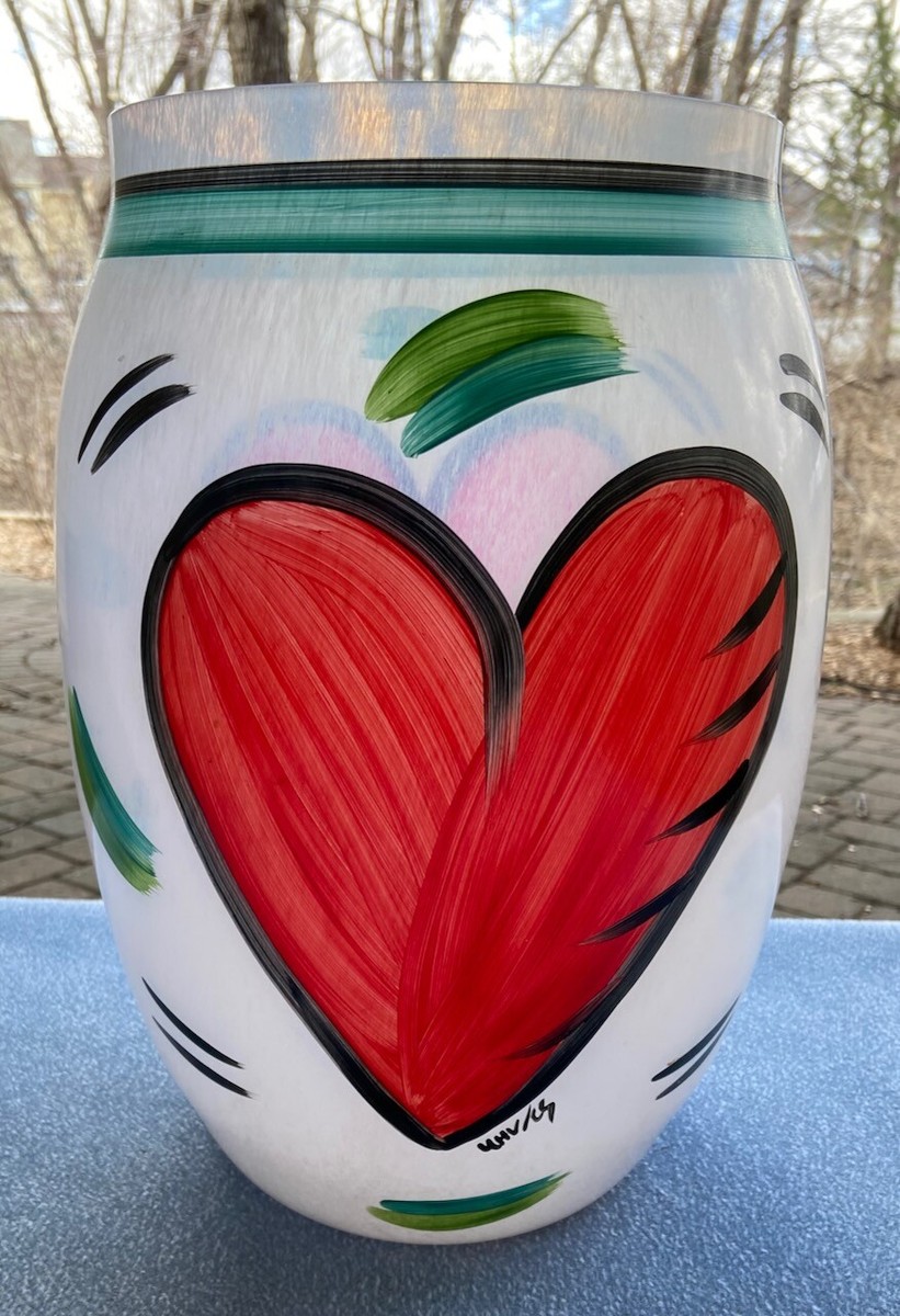 Huge Kosta Boda Glass Red Hearts 13 Inch Vase Signed Ulrica
