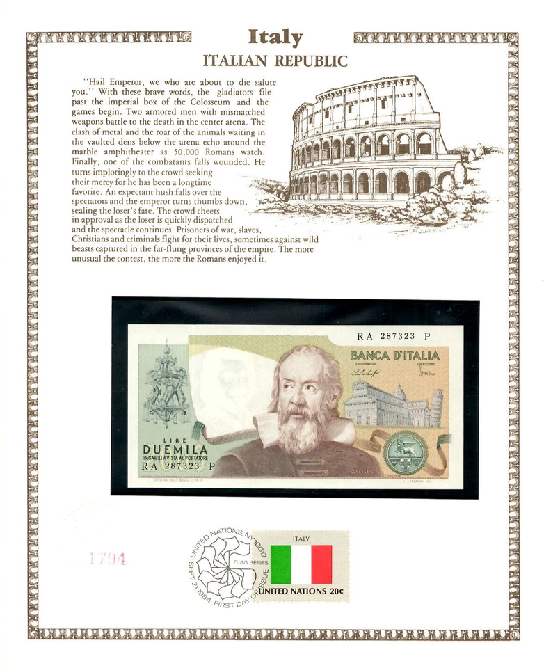 Italy 2000 Lire 1976 P 103b UNC w/FDI UN FLAG STAMP 2 Fancy Consecutive - Image 2 of 4