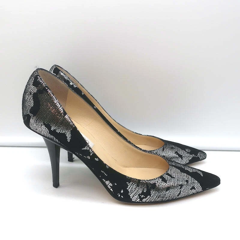 Zapatos de salón Jimmy Choo negros de gamuza y plateados metálicos camuflados talla 38 punta tacones Foto 2 de 4