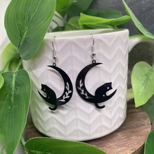 2  Silver-tone Cat Moon Earring Set Boho Retro Drop Dangle New Free Ship B6802