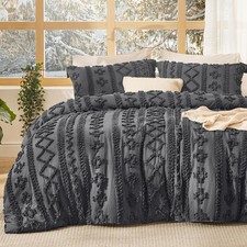 Queen Tufted Boho Duvet Cover - Dark Gray, 3 Piece Set