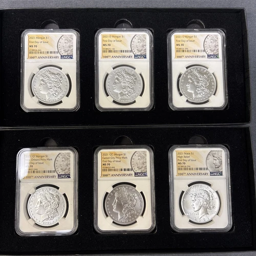 2021 Morgan & Peace Dollar 6 Coin Set MS70 NGC 100th Anni first day of issue 