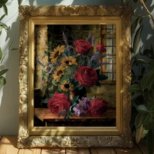 Vintage Floral Still Life Art | Sunflower & Rose | Museum Fine Print