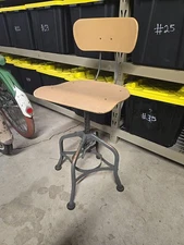 Vintage Toledo Steel Industrial Drafting Table Stool Adjustable Chair wood seat