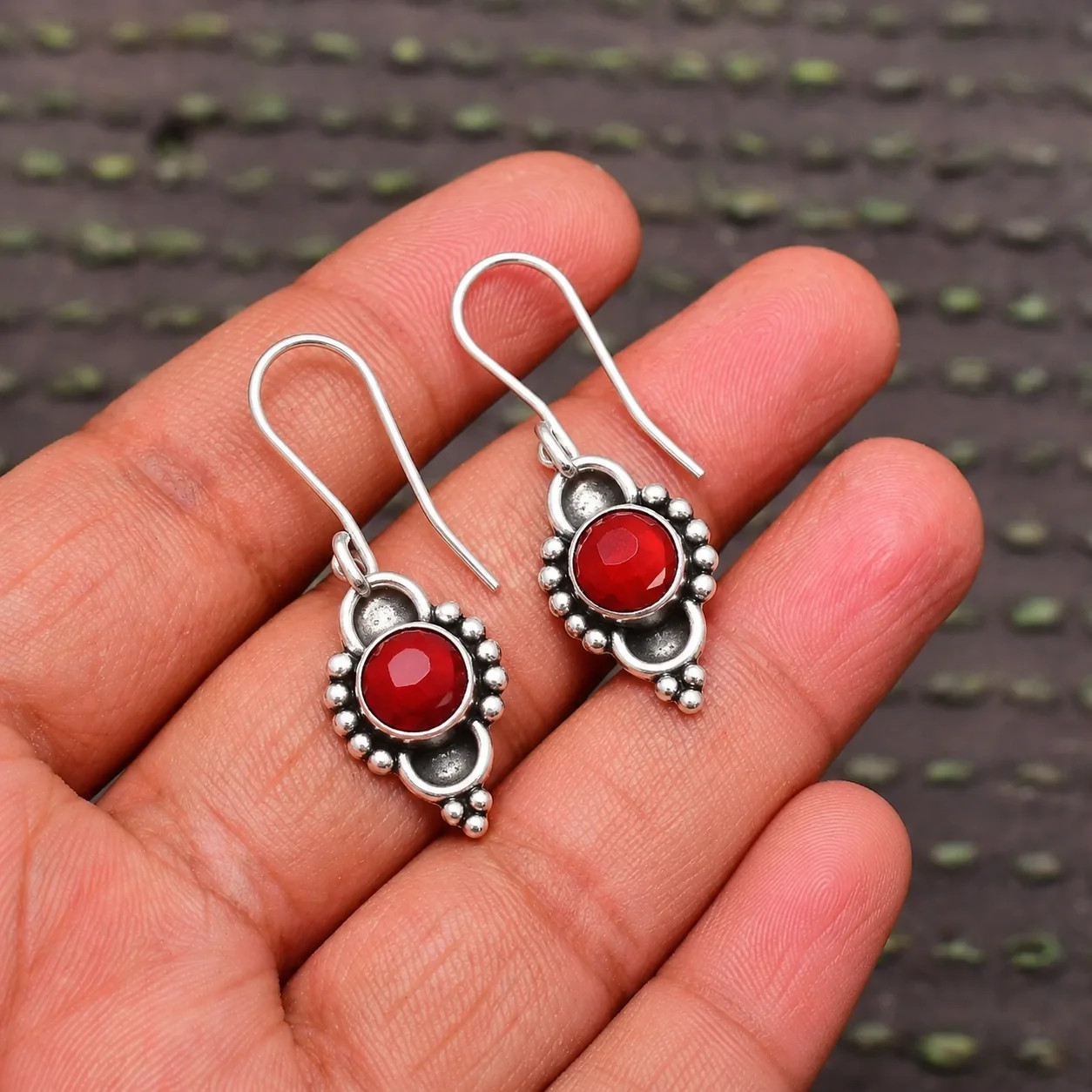 Natural Red Onyx Stud Earrings 925 Sterling Silver Round Beaded Halo Handmade