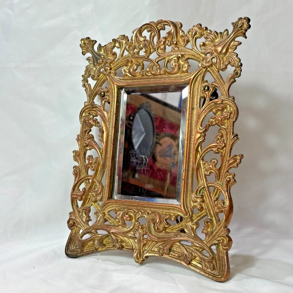 Antique Brass Frame Rococo Style Mirror Table Top Bevel Edge Easel Back - Image 2 of 4