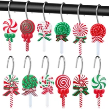 12 Pcs Christmas Shower Curtain Hooks 6 Styles Christmas Candy Rustproof Hangers