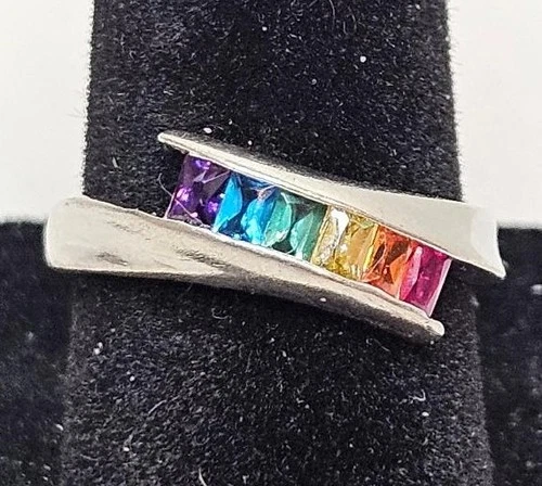 Vintage Ring LGBT Rainbow Colored CZ Stones - Sterling Silver - Size 6