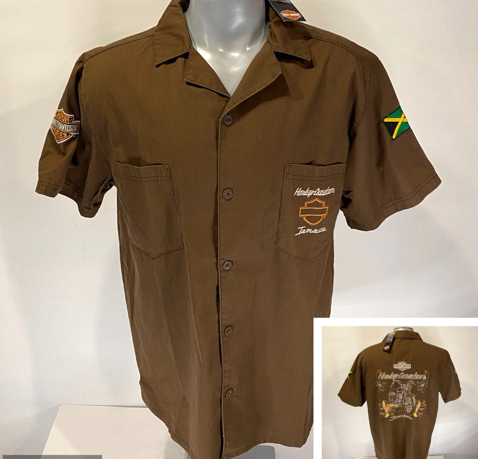 Harley Davidson NWT Medium M Brown Short Sleeve Shirt Jamaica Embroidered New