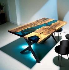 Handmade Live Edge Wood & Blue Epoxy River Dining Table | Luxury Resin Table top