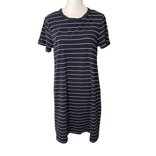 Old Navy Womens Large Sheath Dress Dark Blue White Stripe Short Sleeve Stretch