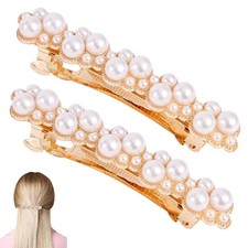 2pcs Pearl Hair Clips for Women, Elegant Gold Pearl Barrettes Metal Snap Fanc...