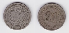 20 Pfennig Nickel M&uuml;nze Deutsches Reich 1892 D J&auml;ger 14 f.vz (150380)