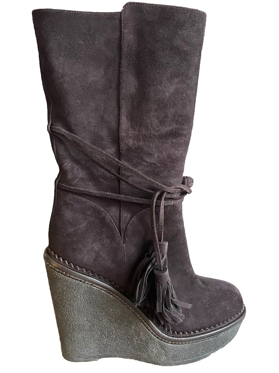 NUOVI stivali Yves Saint Laurent cioccolato scamosciati shearling plateau zeppa taglia 6 36