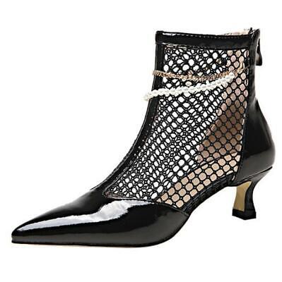 AmoonyFashion Womens Closed-Toe Pointed-Toe Kitten-Heels Boots with Lace and Metal Heels 