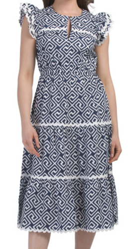 Neu mit Etikett $ 188 Sail To Sable griechischer Schlüssel Flatterärmel abgestuft Midi 46" langes Kleid Gr. M