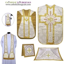 NEW Metallic Gold Roman Chasuble Fiddleback Vestment Fiddleback 5pcs set,Casulla