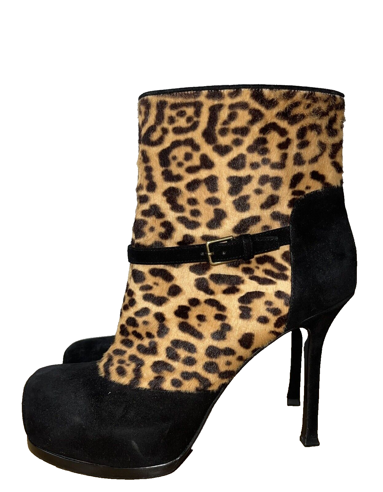 SAINT LAURENT YSL PELLE SCAMOSCIATA NERA TACCO A STILETTO TRIBUTO STAMPA LEOPARDATA PLATEAU MISURA 4