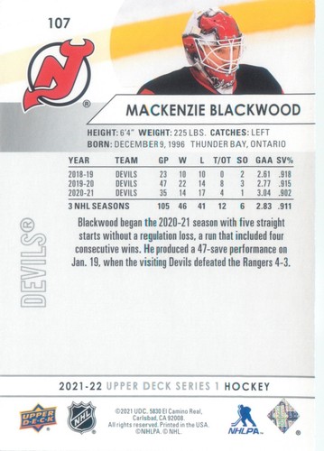 Mackenzie Blackwood 2021-22 Upper Deck Hockey Series 1 Base Card #107 Devils NHL - Picture 2 of 2